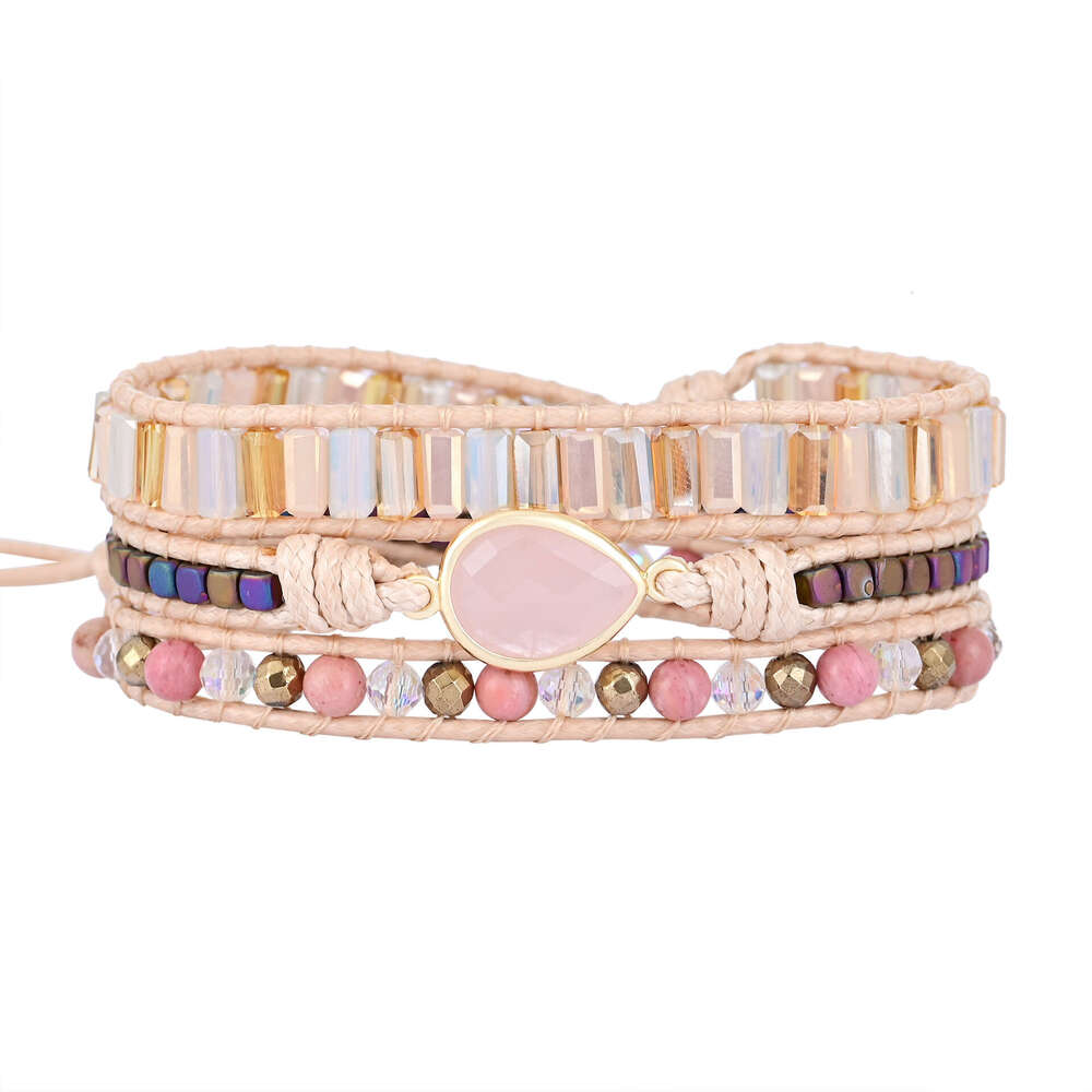 Hot selling droplet shaped powder crystal hand cowhide woven with three-layer winding bracelet