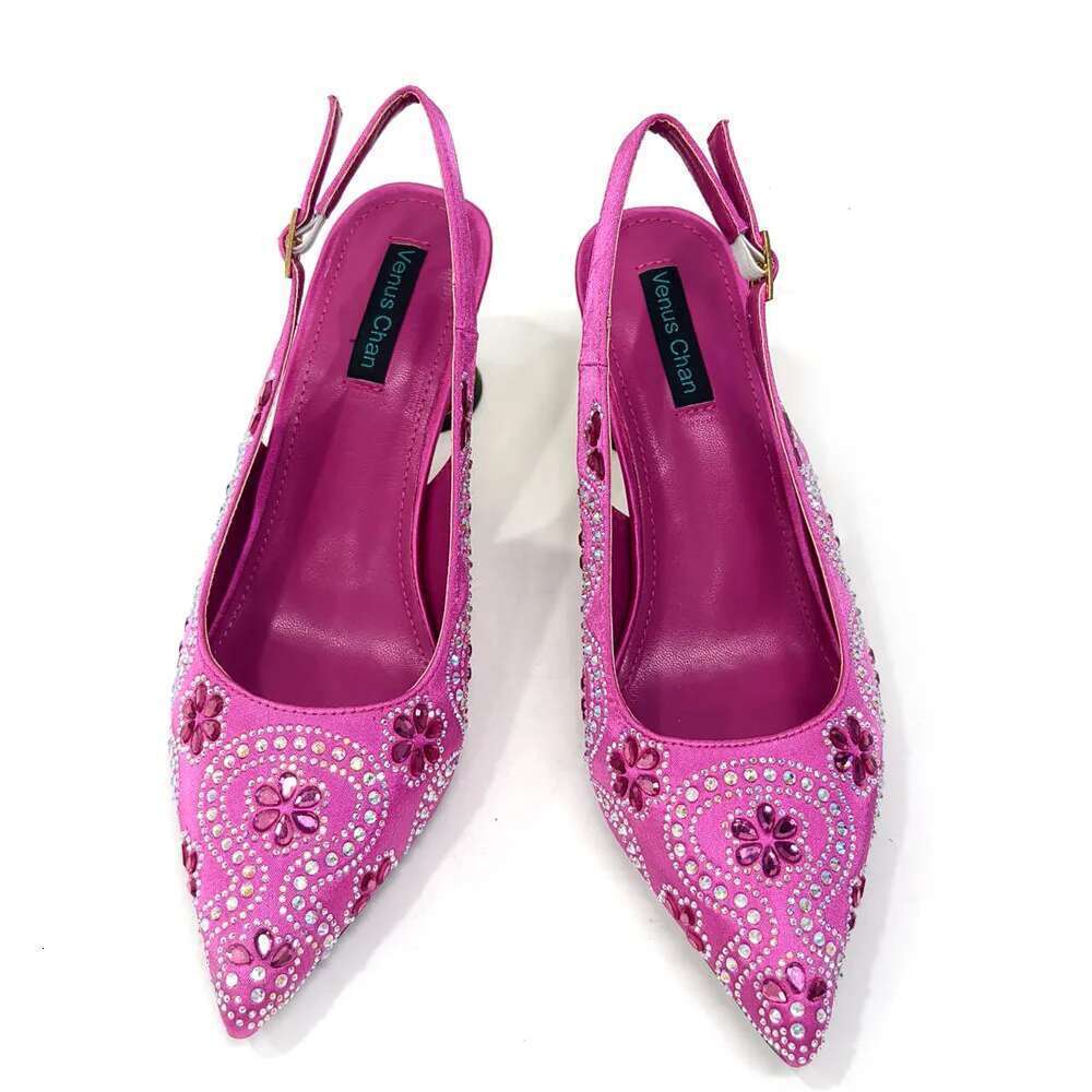 Elegant Sexy Fuchsia Color High Heels And Bag With Rhinestone Embellished Toe Is Comfortable Women's Shoes For Party