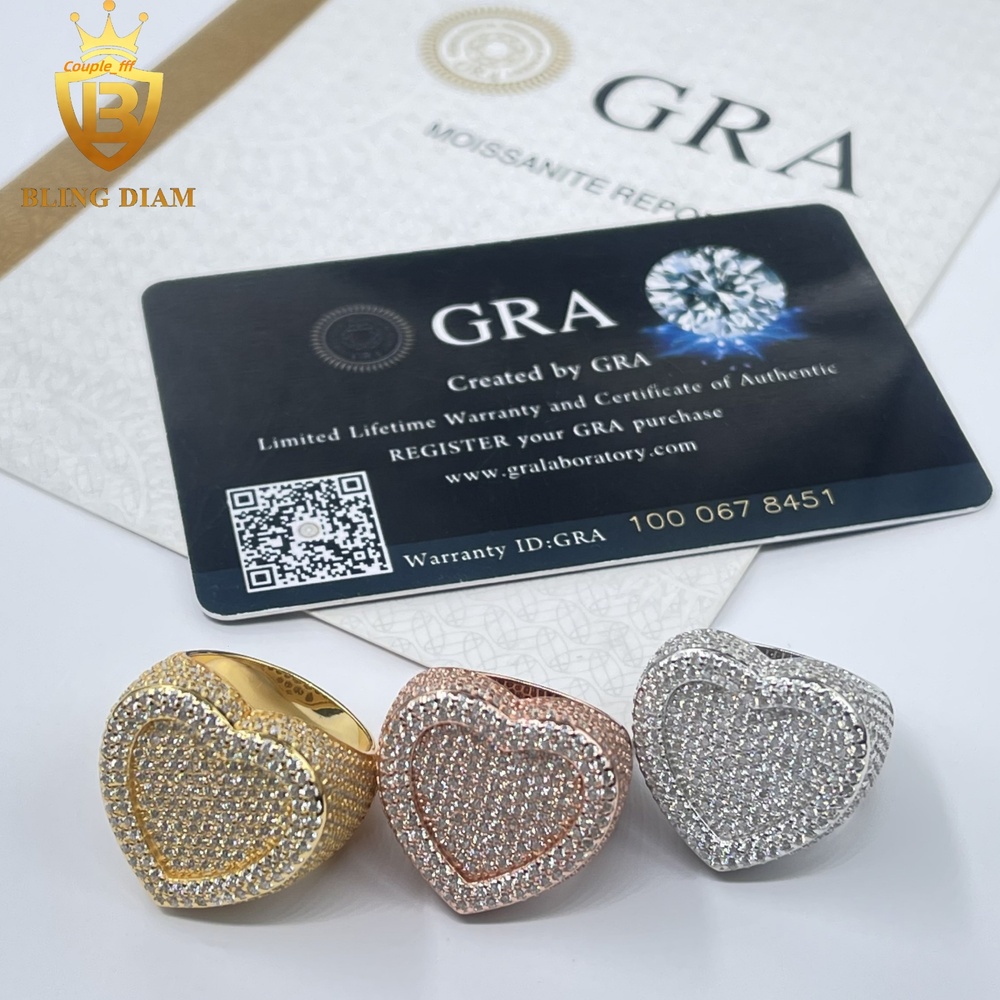Fashion Popular Jewelry Full WithVVS Moissanite Mens 925 Solid Silver Heart Shape Rings Hip Hop Style