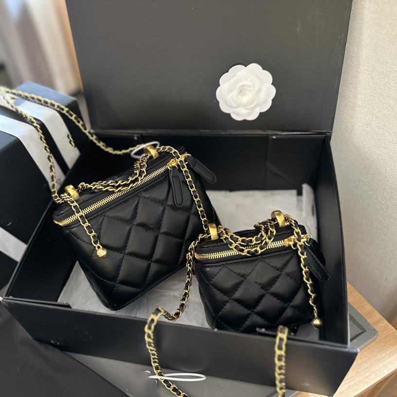 24P 11cm/18cm Double Golden Ball Makeup Box Cosmetic Case With Lipstick Holder Vanity Gold matelasse Adjustable Chain Crossbody Zipper Plaid Designer Sac purse