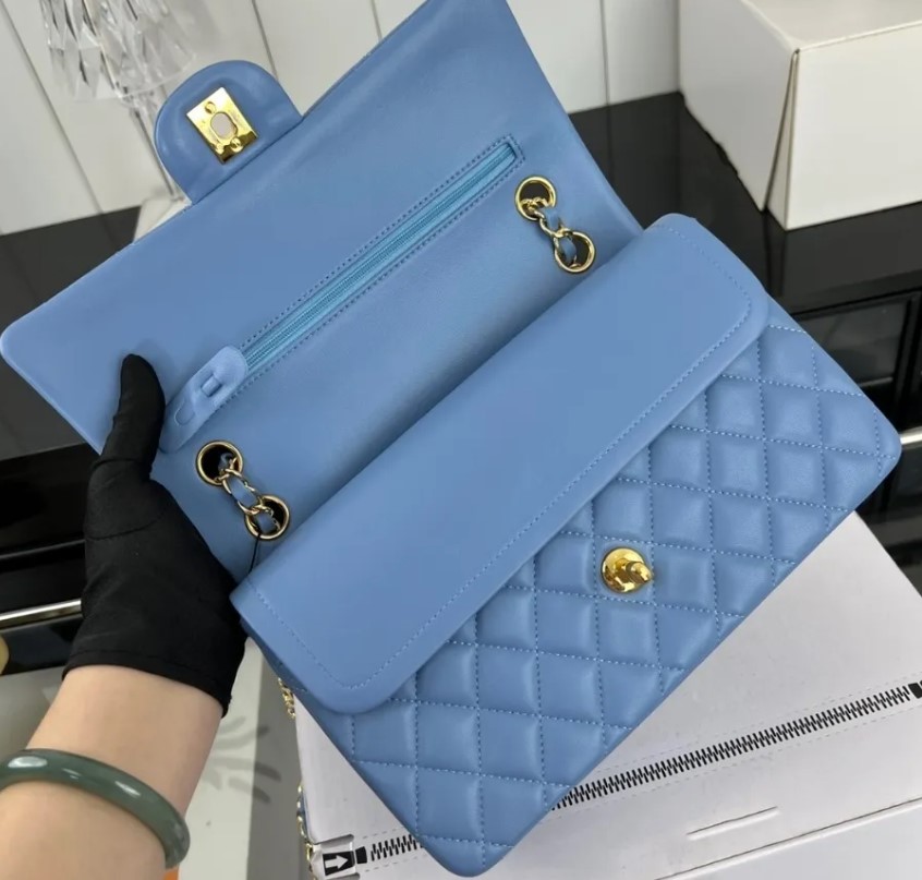 Double flap bag, 25 cm, 30 cm genuine leather caviar sheepskin classic all-black wallet quilted handbag and box crossbody bag