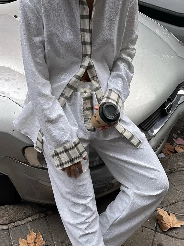 Sequin patch work shirt for women loose collared long sleeved shirt with pockets sparkling straight pants for women casual chic long pants set 250420