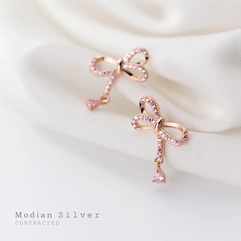 Modian elegant bow womens earrings pink crystal rose gold stud earrings 925 sterling silver jewelry accessories 250420