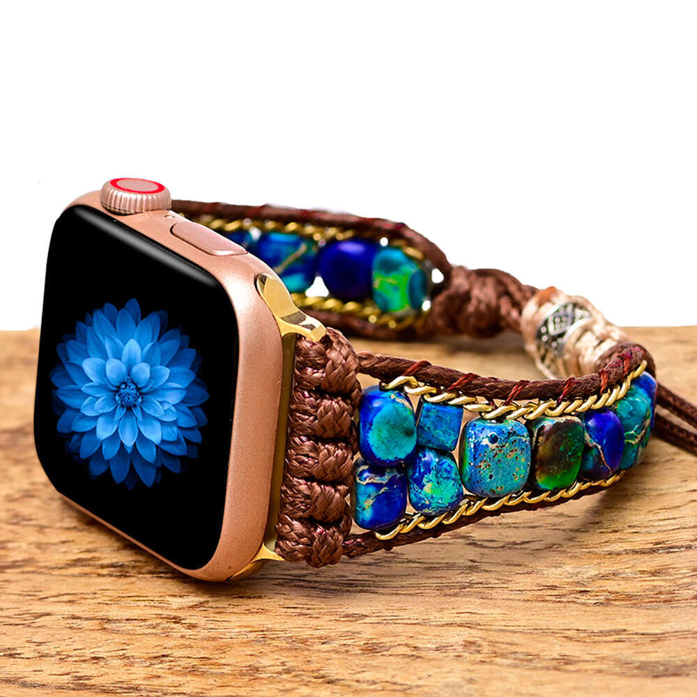 Deep Blue Purple Flower Emperor Stone Beads Handmade Woven with Bohemian Apple Watch Strap