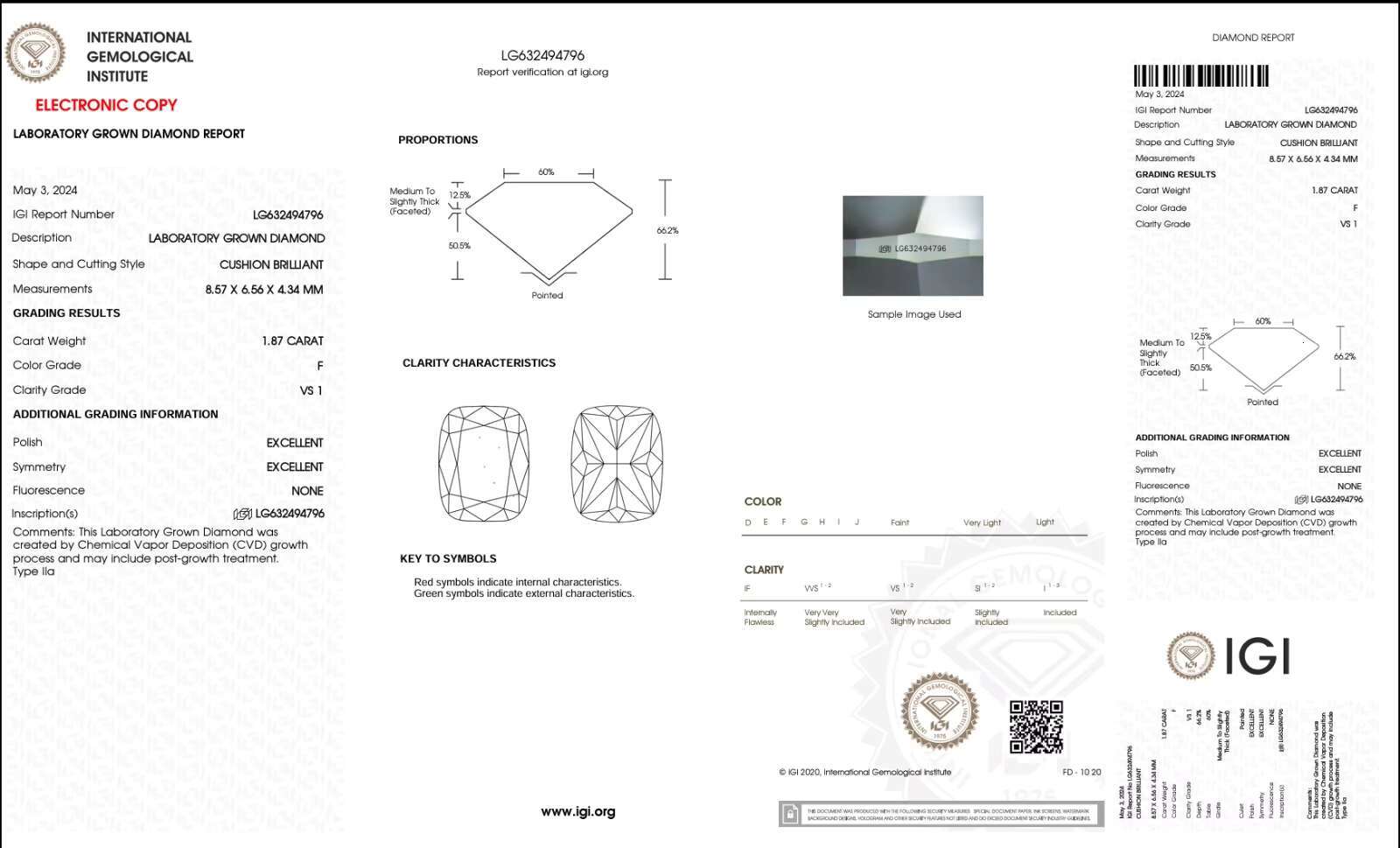 1.87ct Cushion Brilliant Cut Lab-grown Diamond IGI Certified F Color VS1 Clarity Lab-Stone