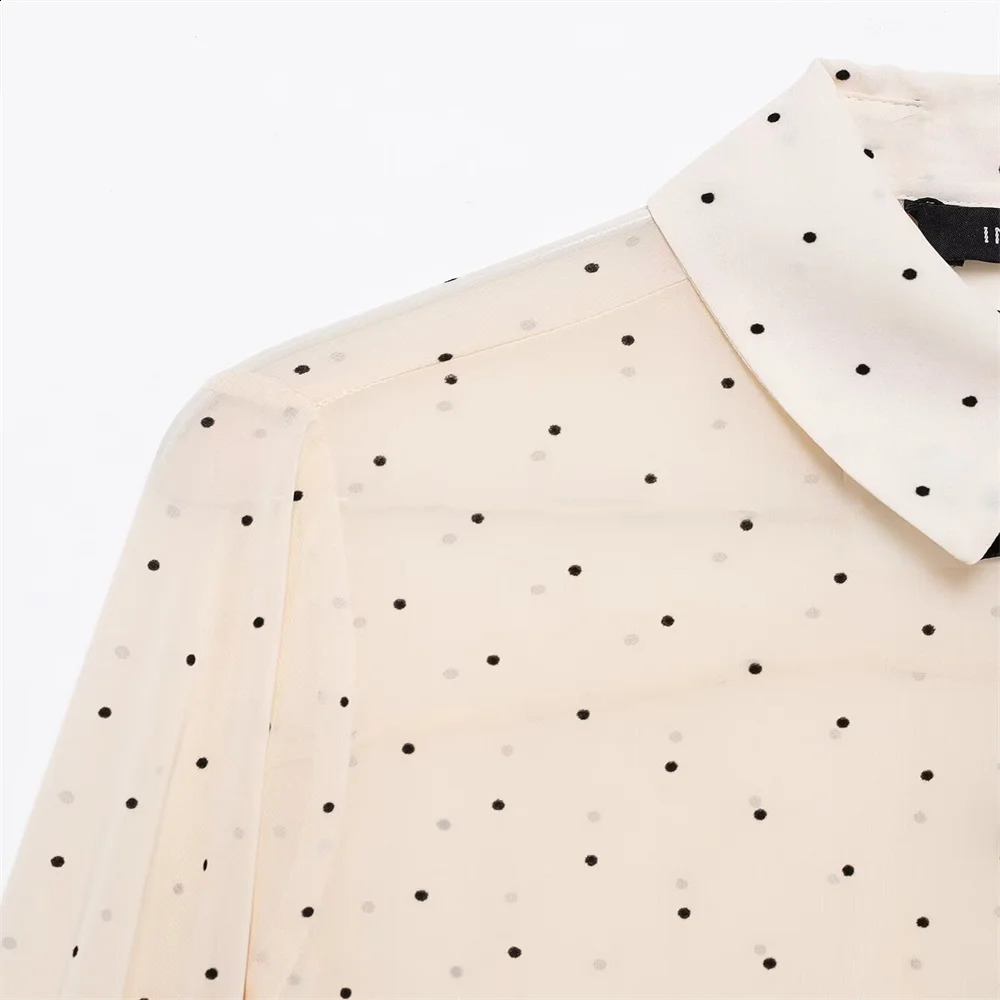 TRAF 2025 Womens Blouses in White Black and Beige Colors with Polka Dot Patterns Black Bow Details Long Sleeves and Collars 250421