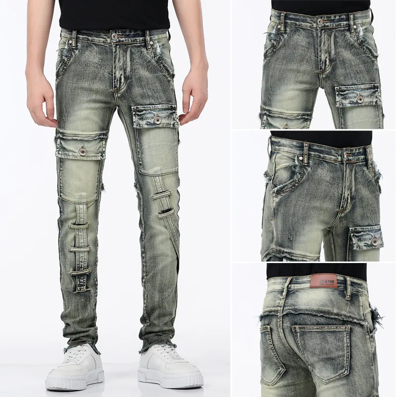 CNLONGBIDA Men's Stacked Jeans Denim Jean Regular Fit Patch Distressed Destroyed Straight Clothes Casual Pants Streetwear Style