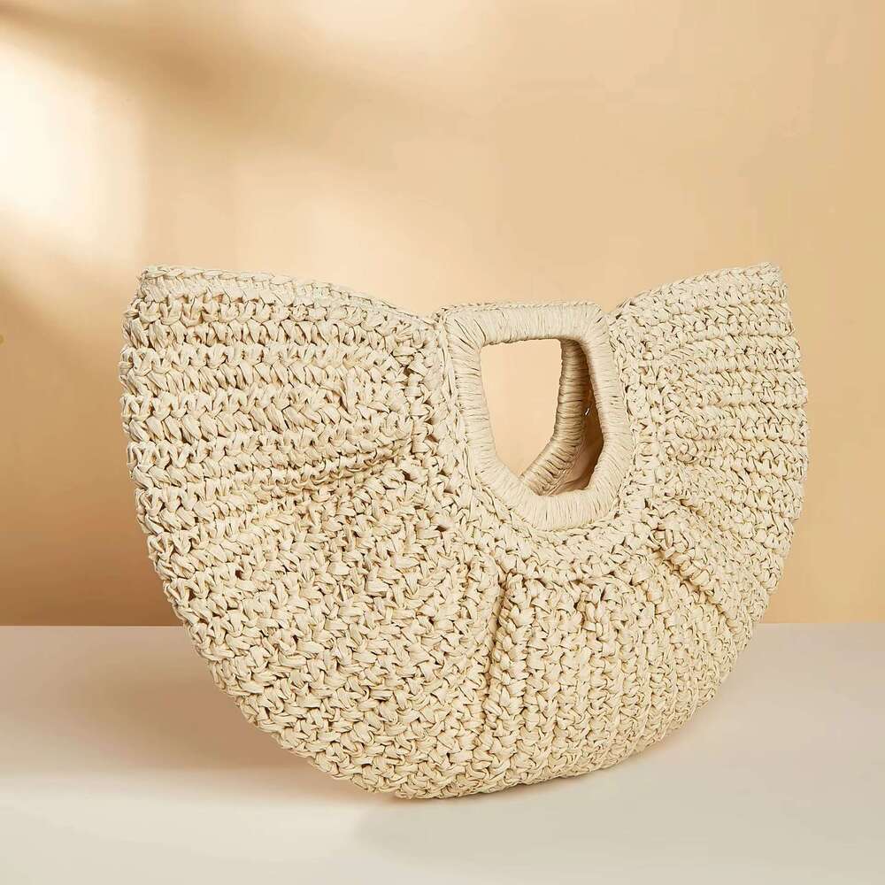 Wholesale Bohemian Fashion Lady Paper Straw Bucket Tote Handbag Summer Beach Retro Half Moon Shape Handmade Braid Clutch