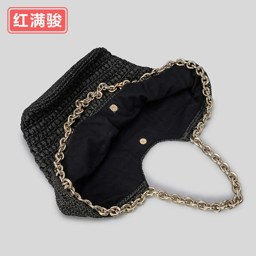 Ins Style Resort Beach Bag Handmade Paper Rope Woven Tote Bag Women S Niche Hardware Chain Handbag Beach Vacation Shoulder Bag KQ