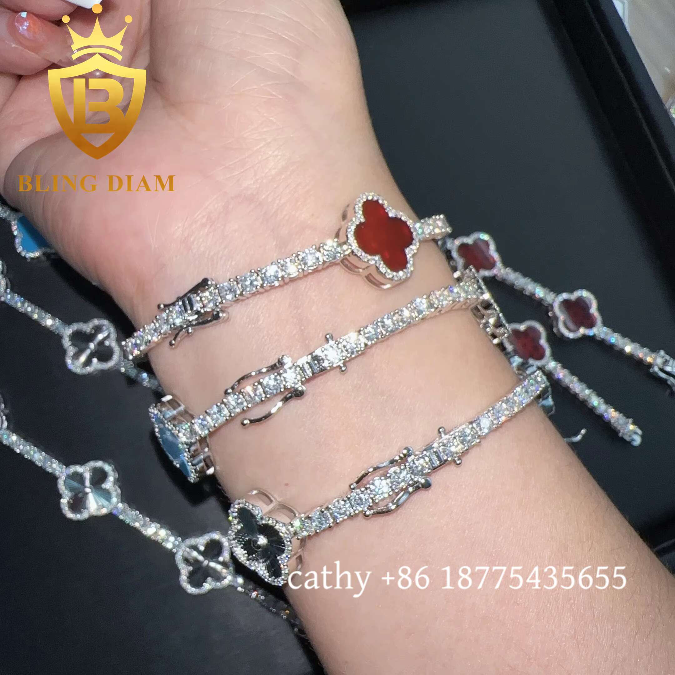 Hot Selling Four Clover Moissanite Tennis Bracelet 925 Sterling Silver Agate 3mm Moissanite Bracelet Pass Diamond test