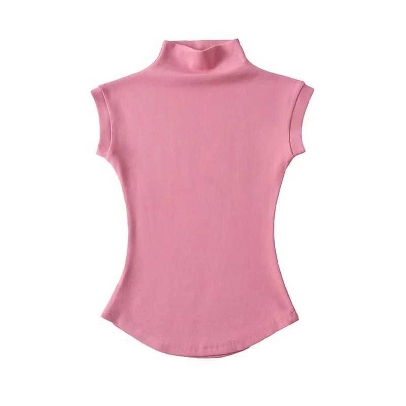 Womens Summer Sexy Turtle Neck Sleeveless T-shirt Top Pure Thin Slim Fit Pulling Shoulder Strap Three way Womens Street Clothing Basic Three way M2504