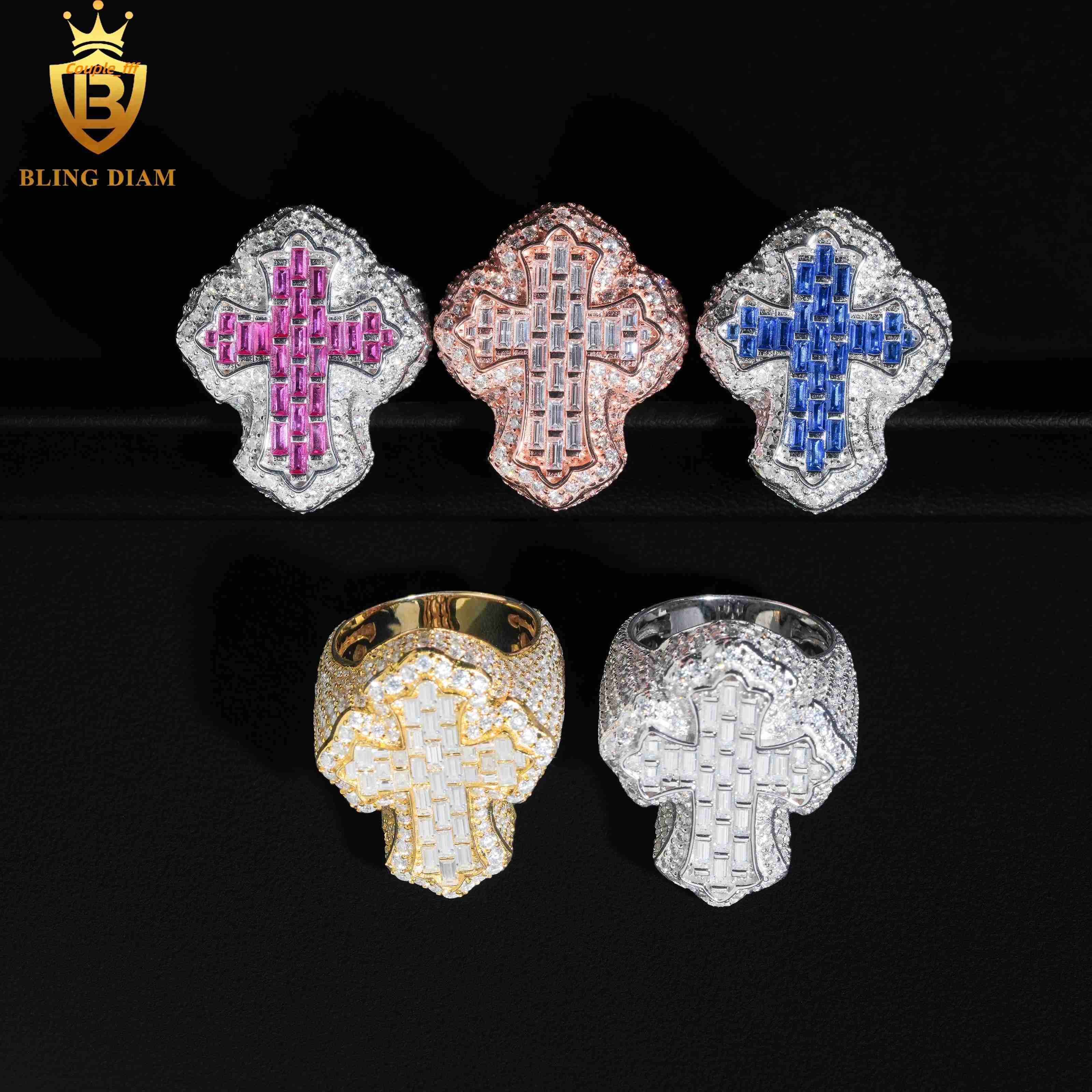HipHop Style Jewelry Mens Ring Fully Diamond Colorful Moissanite Iced Out 925 Silver Cross Ring