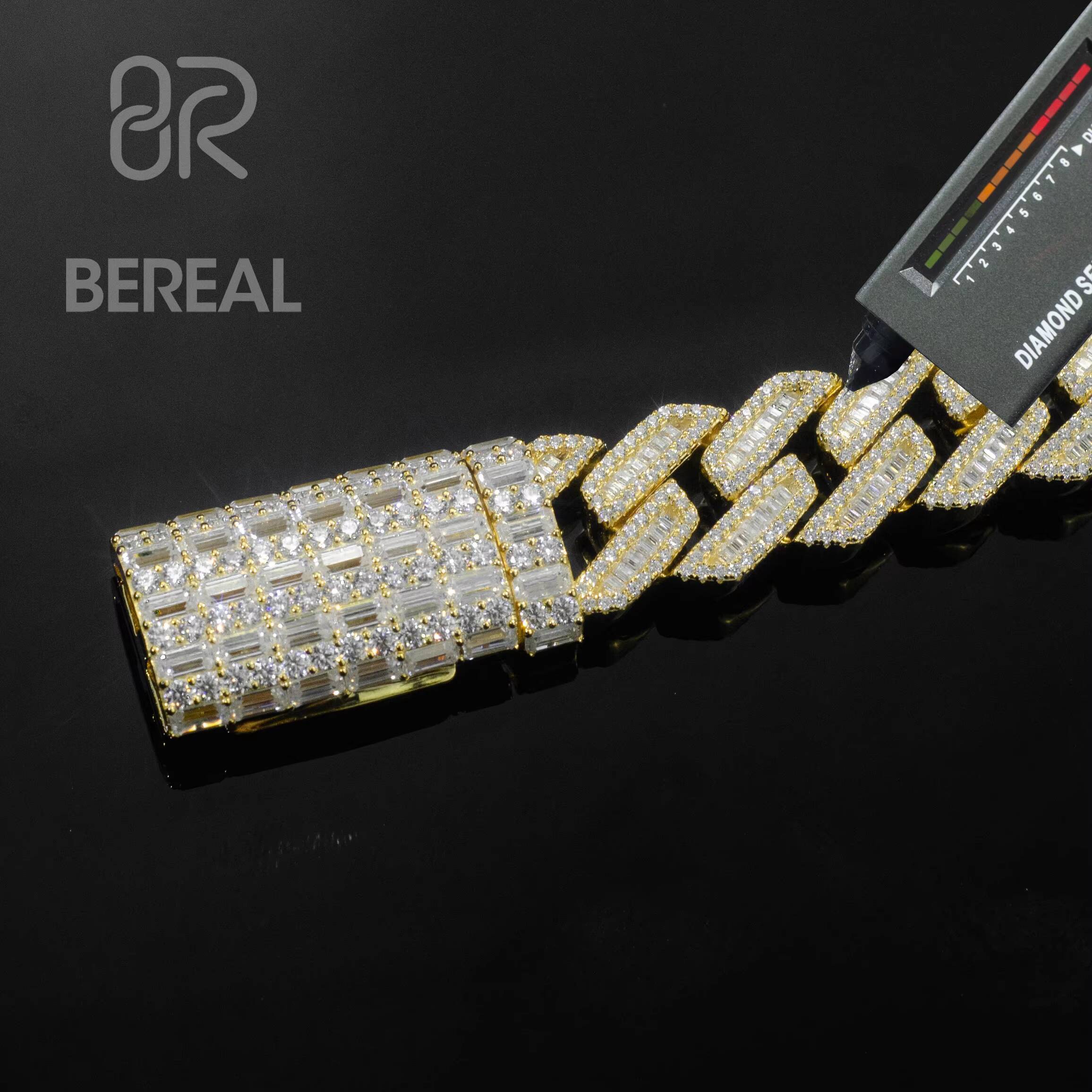 Custom Vvs Baguette Moissanite Pass Diamond Test Iced Out Heart Hip Hop Silver Cuban 14K Gold Chain Necklace Men 16mm 18mm 20mm