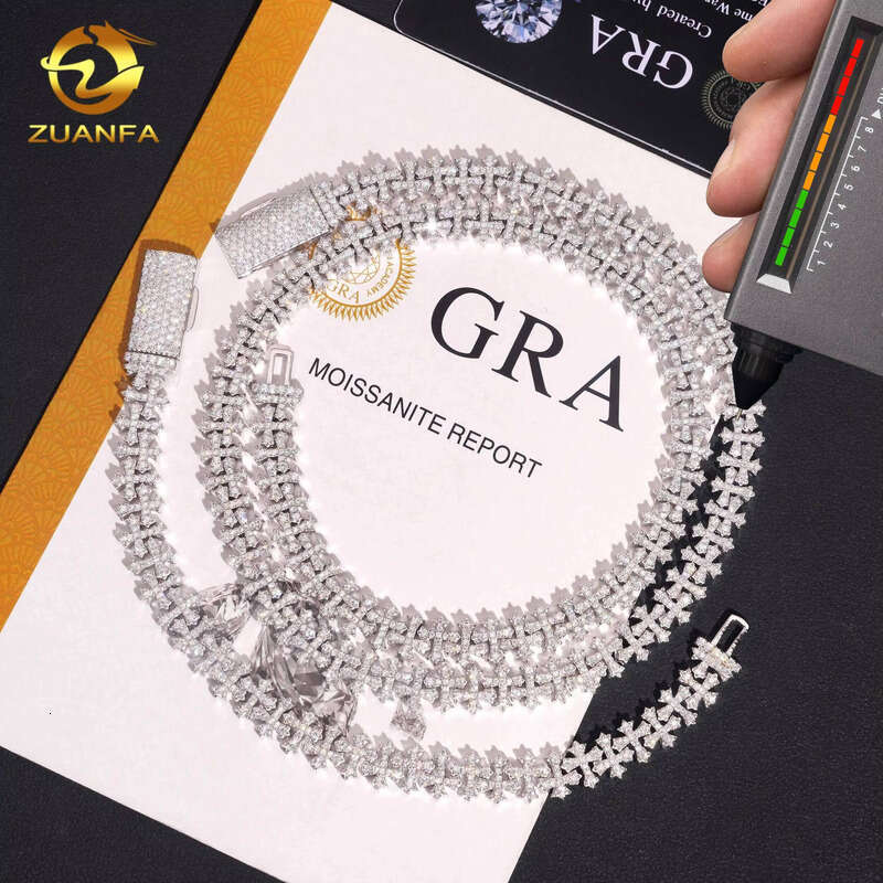 8mm Hip-Hop Jewelry Sier Ice Out Cross Cuban Chain Moissanite Pass Tester