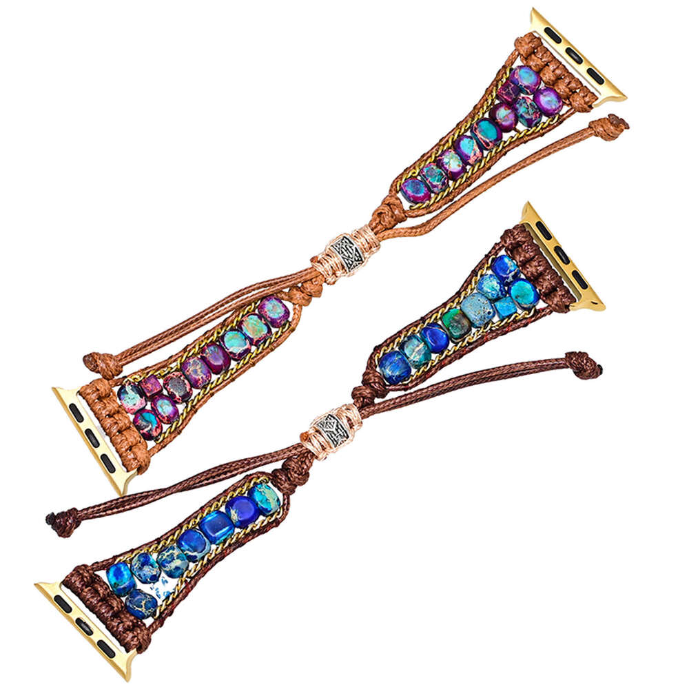 Deep Blue Purple Flower Emperor Stone Beads Handmade Woven with Bohemian Apple Watch Strap