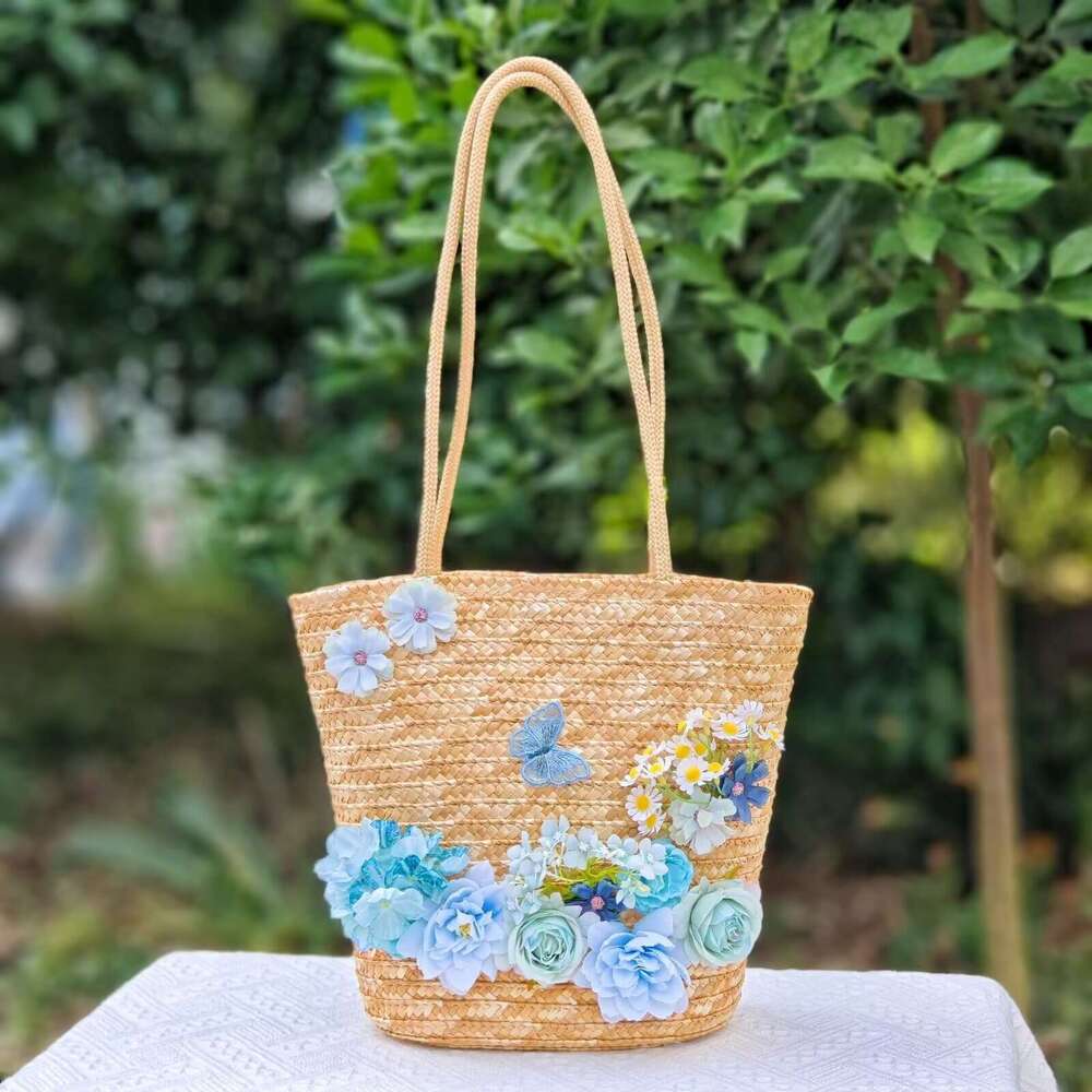 Ins Style Resort Beach Bag French Style Niche Wheat Straw Vegetable Basket One Shoulder Hand Held Large Capacity Grass Beach Vacation Woven Bag Summer