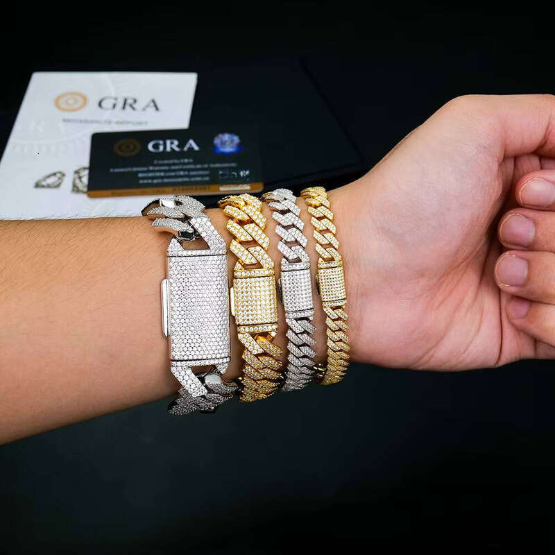 Miami Sier 8mm 10mm 12mm 14mm 18mm 20mm Sharp Angle Style Cuban Chain Iced Out Mossanite Moissanite Men's Bracelet