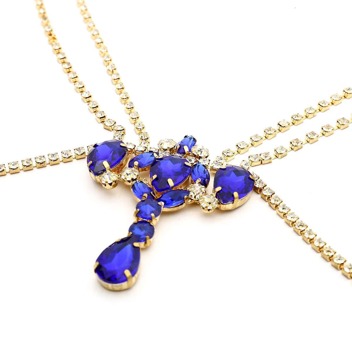 Suxuan Exaggerated Blue Gemstone Chest Chain Women Beach Body Jewelry Sexy Double Crystal Bra Chain