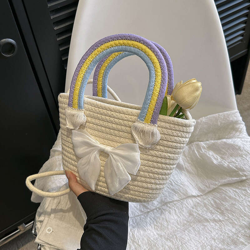 Ins Style Resort Beach Bag New Rainbow Handheld Small Handmade Cotton Thread Women S Straw Woven Cute And Versatile Beach Vacation Bag KQ