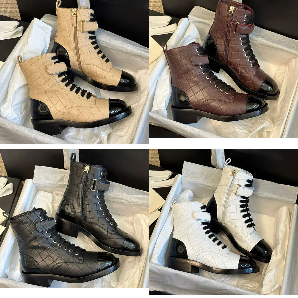 Luxury Designer Shoes womens Chan Ankle Boots Lace-up Gold Letters Strappy Combat Boots Lamb skin Women Motorcycle Boot Black Beige Winter Short Knight Booties