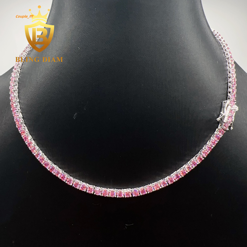 Blingdiam Jewelry Pass Diamond Tester S925 Sterling Silver 3mm 4mm Pink Moissanite Tennis Chain