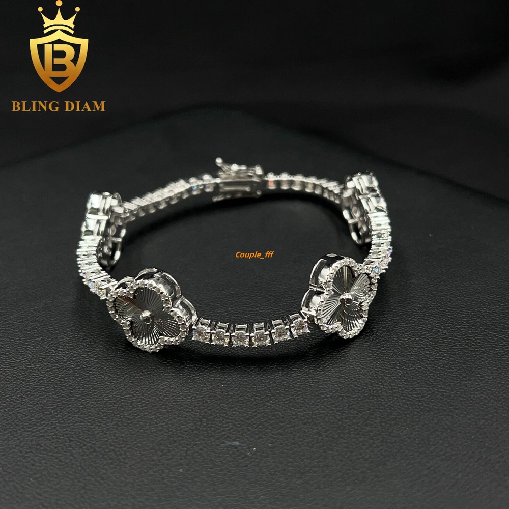 Fashion Iced Out Four Leaf Flower Moissanite Tennis Chain Bracelet 925 Sterling Silver 3mm Charm Moissanite Bracelet Pass test