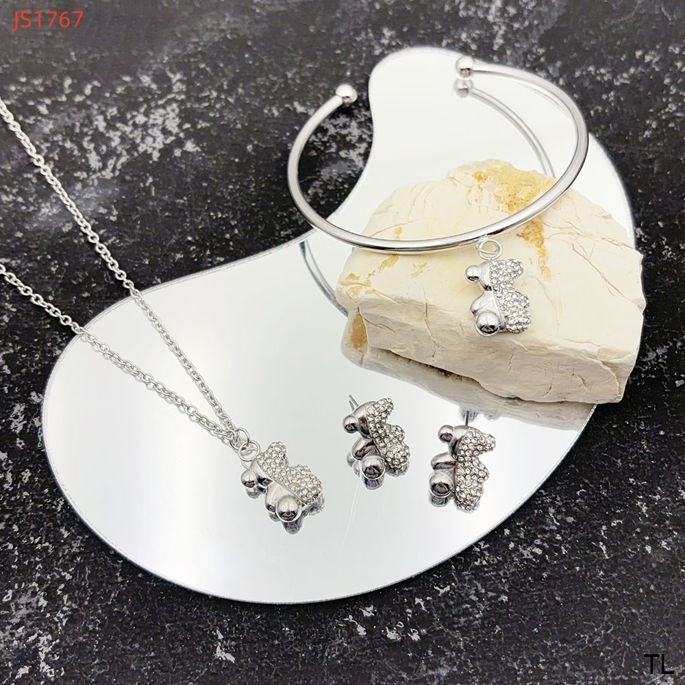 Fashion Women Men Silver Gold Stainless Steel Bear Cartoon Heart White Zircon Round Bead Open Bracelet Pendant Necklace Earrings Sets Jewelry