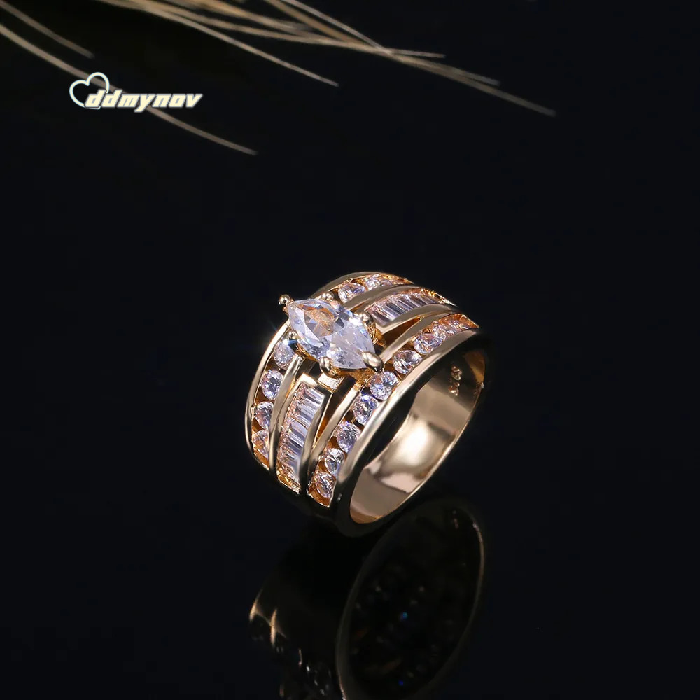 Elegant Marquise Cut Ring: 925 Sterling Silver Engagement Rings with Gold Fill, White Topaz Diamond Accent Bridal, Wedding, and Party Jewelry ddmynov