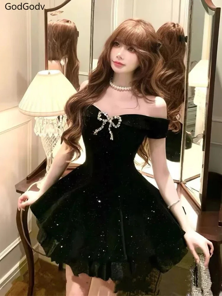 Black French Vintage Elegant Woman Dress Gothic Off Shoulder Retro Mini Dress Female Fairy Birthday Party Chic Outfits 251120