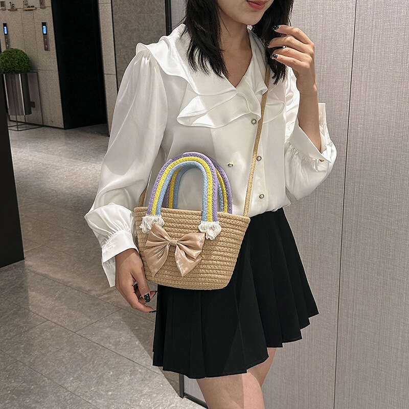Ins Style Resort Beach Bag New Rainbow Handheld Small Handmade Cotton Thread Women S Straw Woven Cute And Versatile Beach Vacation Bag KQ