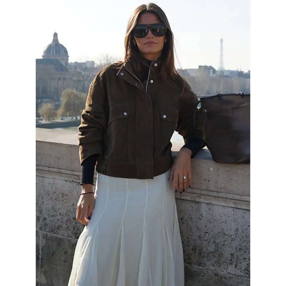 Designer Clothes Women's Spring Suede Jacket Vintage Laple Zipper Button Pockets Full Sleeve Female Jackets 2025 New Fashion Chic Lady Outwears