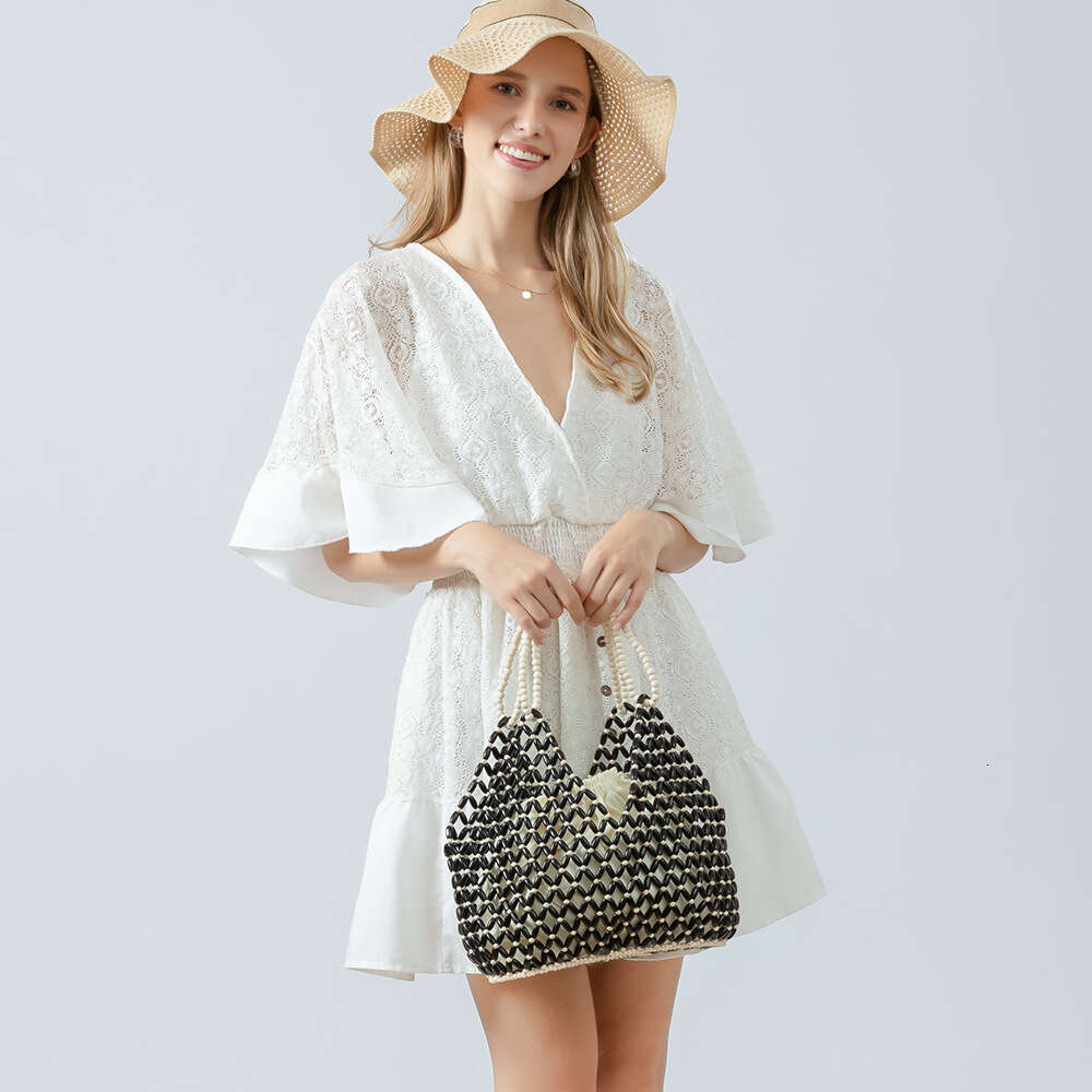 Ins Style Resort Beach Bag Holiday Hand Woven Women S Beach Wooden Bead Bag Leisure Travel Handbag Shoulder Bag KQ