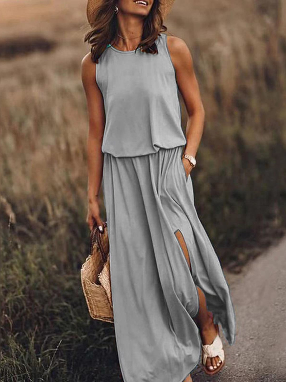 DD3240 Top summer new holiday style solid color round neck sleeveless sling lantern