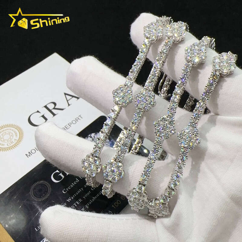 Wholesale Price Flower Silver 925 Lab VVS Moissanite VVS Silicon Stone Hip Hop Iced Out Jewelry Tennis Chain Bracelet
