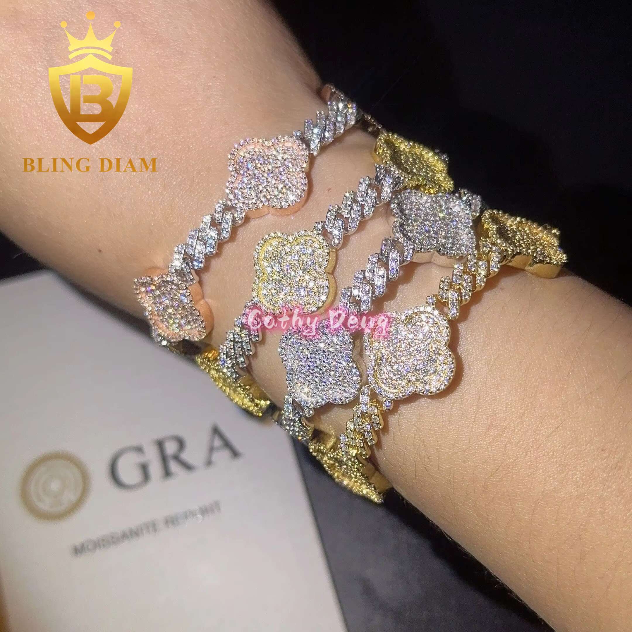 Hip Hop Jewelry Bling Cuban Link Chain VVS 925 Silver Moissanite Cuban Link Chain for Men Women Flower Cuban Bracelet