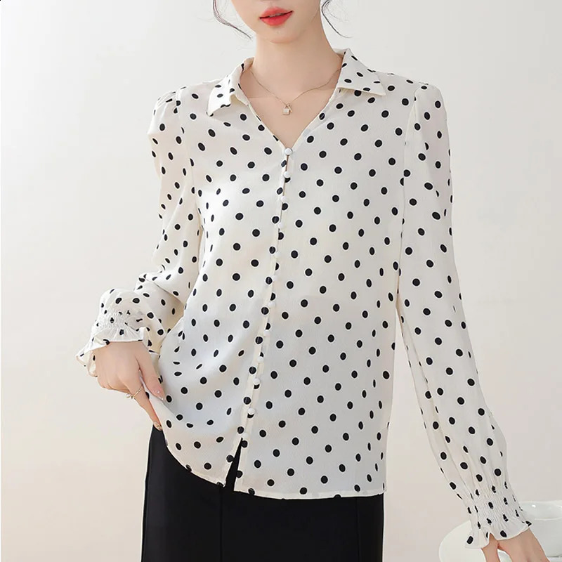 2025 Spring Casual Shirts Long Sleeve Turn Down Collar Fashion Women Shirt Dot Elegant Blouse Women Tops Camisas De Mujer N530 250421