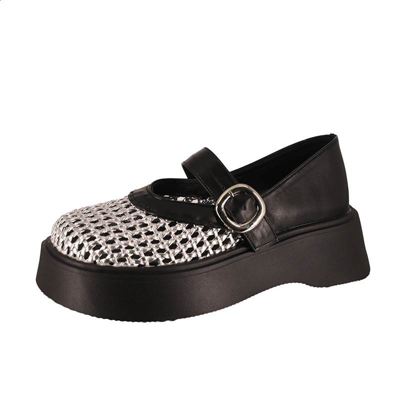 Sponge cake thick sole genuine leather Mary Jane womens shoes 2025 new Le Fu shoes single shoe summer hollow breathable hole sandals 241214