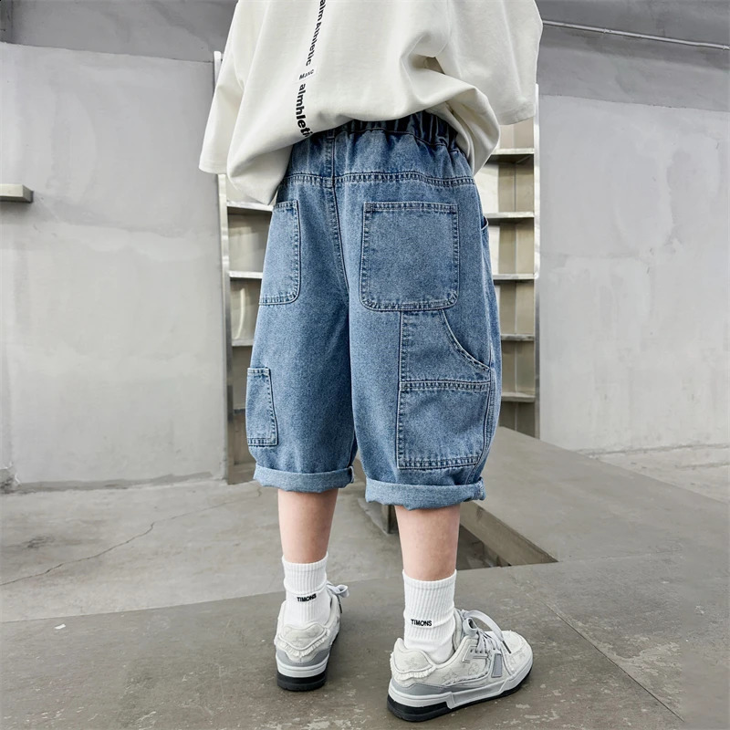 Boys Work Shorts 2025 Summer Jeans Fashion Denim Middle Pants Multi Pocket Cutting 515 Years Old 250414z