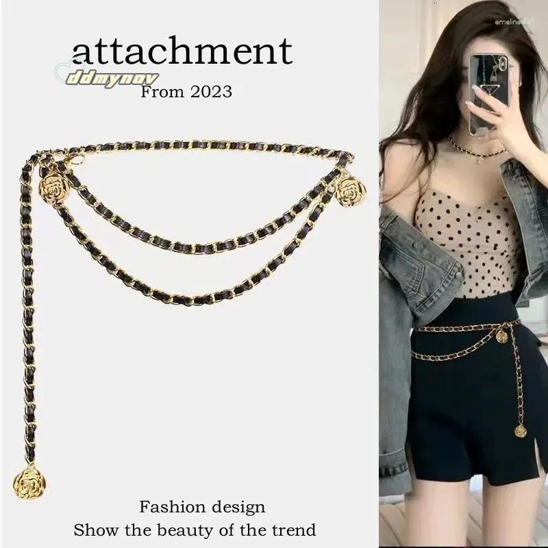 Chain Belts for Women Fashion Waist Belt with Metal Camellia, Versatile Dress Accessories ddmynov
