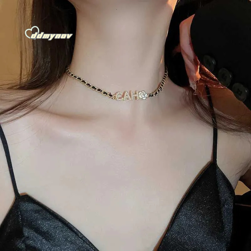 Camellia Pearl Letter Necklace - French Leather & Metal Choker for Women | Classy Designer Pendant ddmynov