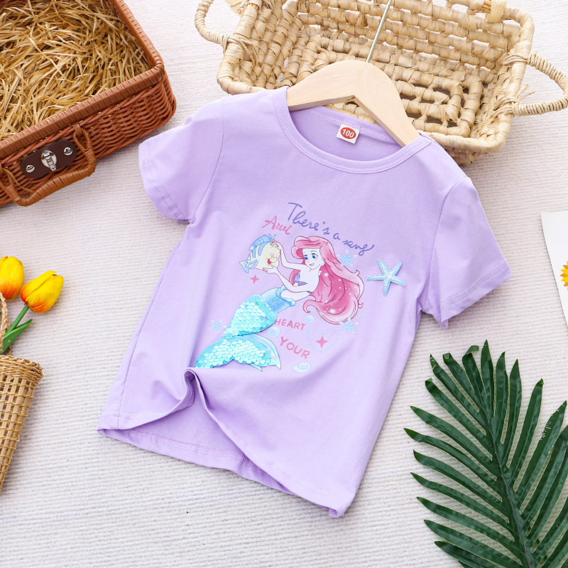 DISNEY Kids designer clothes Frozen Elsa princess cartoon printed T-shirt for baby girl summer children's clothes short-sleeved.