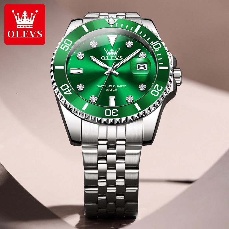 OLEVS Brand Designer Men's Green Water Ghost Style Men's Watches Men's Perpetual Calendar Steel Band Quartz Watches Luxury Watches Free