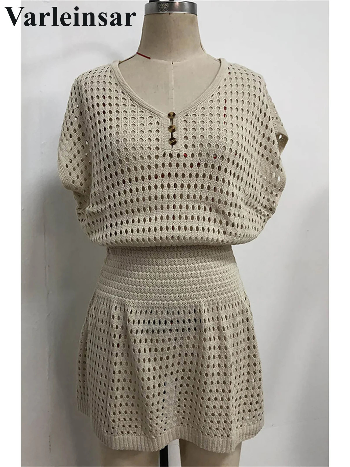 2024 hollow short sleeved crochet knitted plain weave beach cover dress wear V5494 250415Z