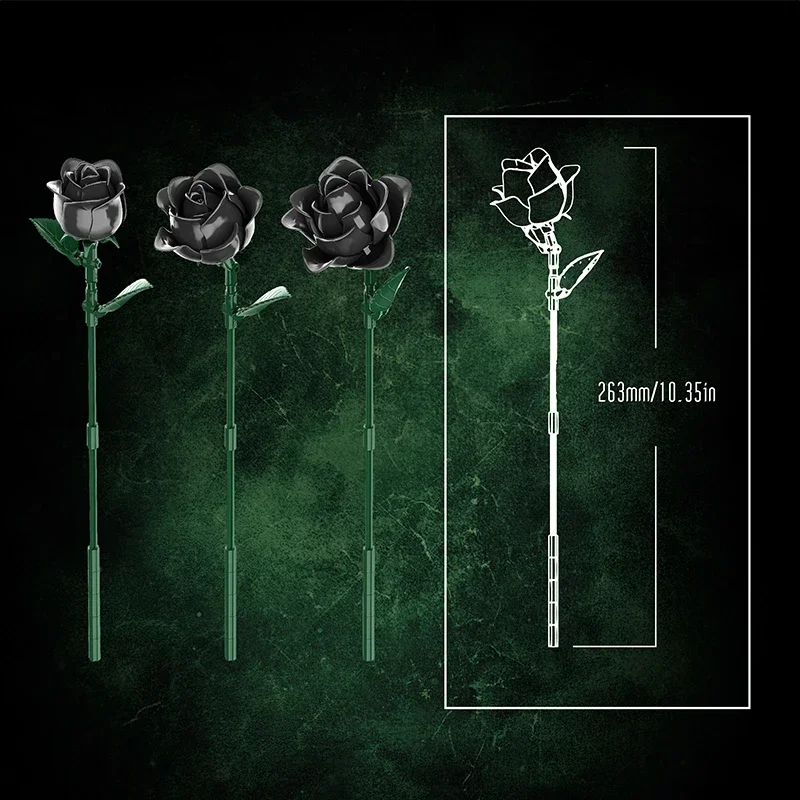 12 Black Rose Building Block Plant Bouquet Simulated Roses Flowers Gothic Decoration Home Display Holiday Gifts Kids Toys