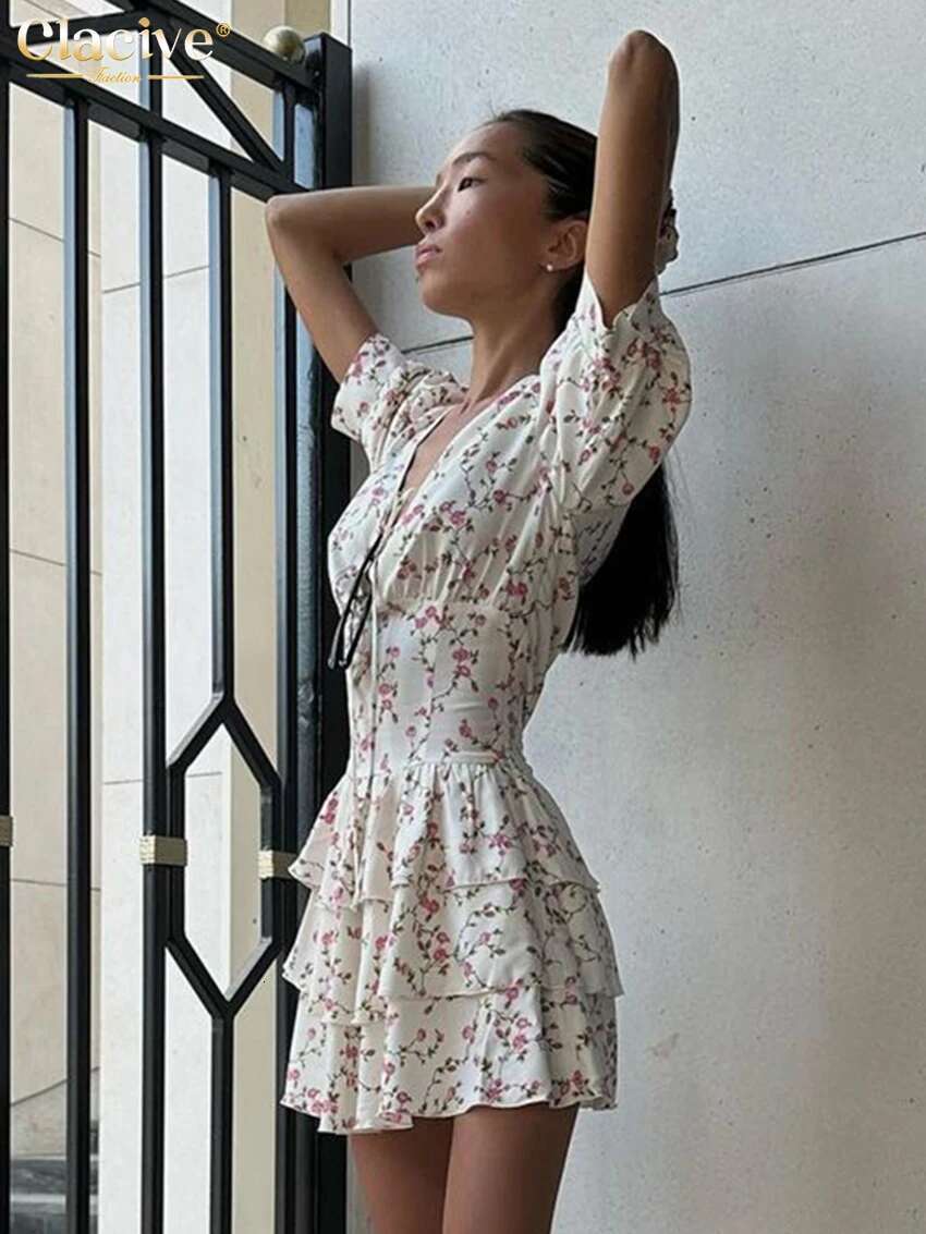 Clacive Summer Slim Print Women's Sexy V-Neck Short Sleeve Mini Dresses Elegant High Waist Pleated Female Dress