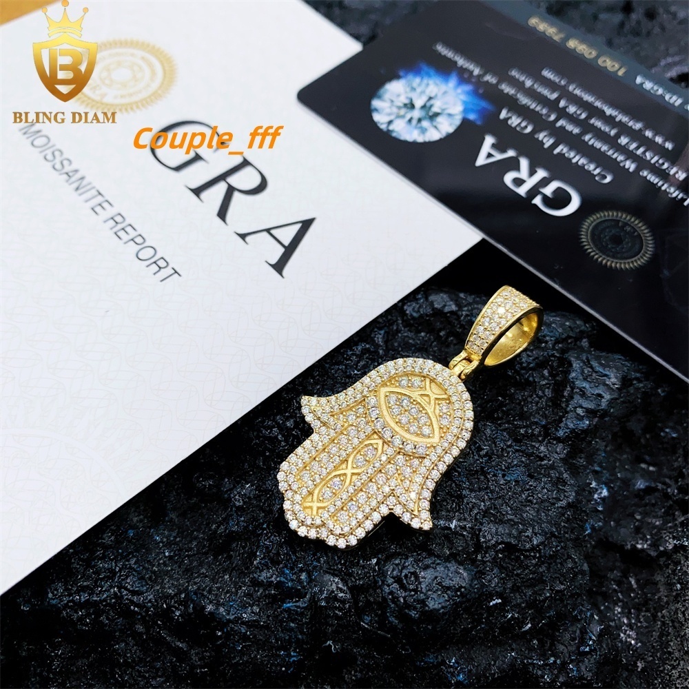 Gra Certificate Hip Hop Jewelry 925 Sterling Silver Iced Out Moissanite Gold Plated Hamsa Hand Charm Pendant