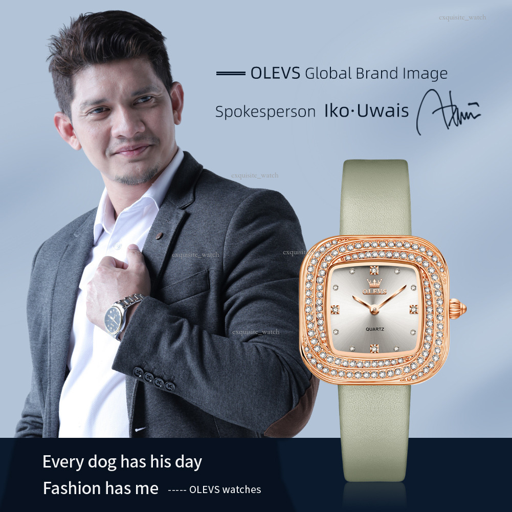 OLEVS Brand Designer Women's Casual Luxury Square Diamond Ring Fashionable Leather Strap Quartz Waterproof Luminous Women's Watch Free Deliv