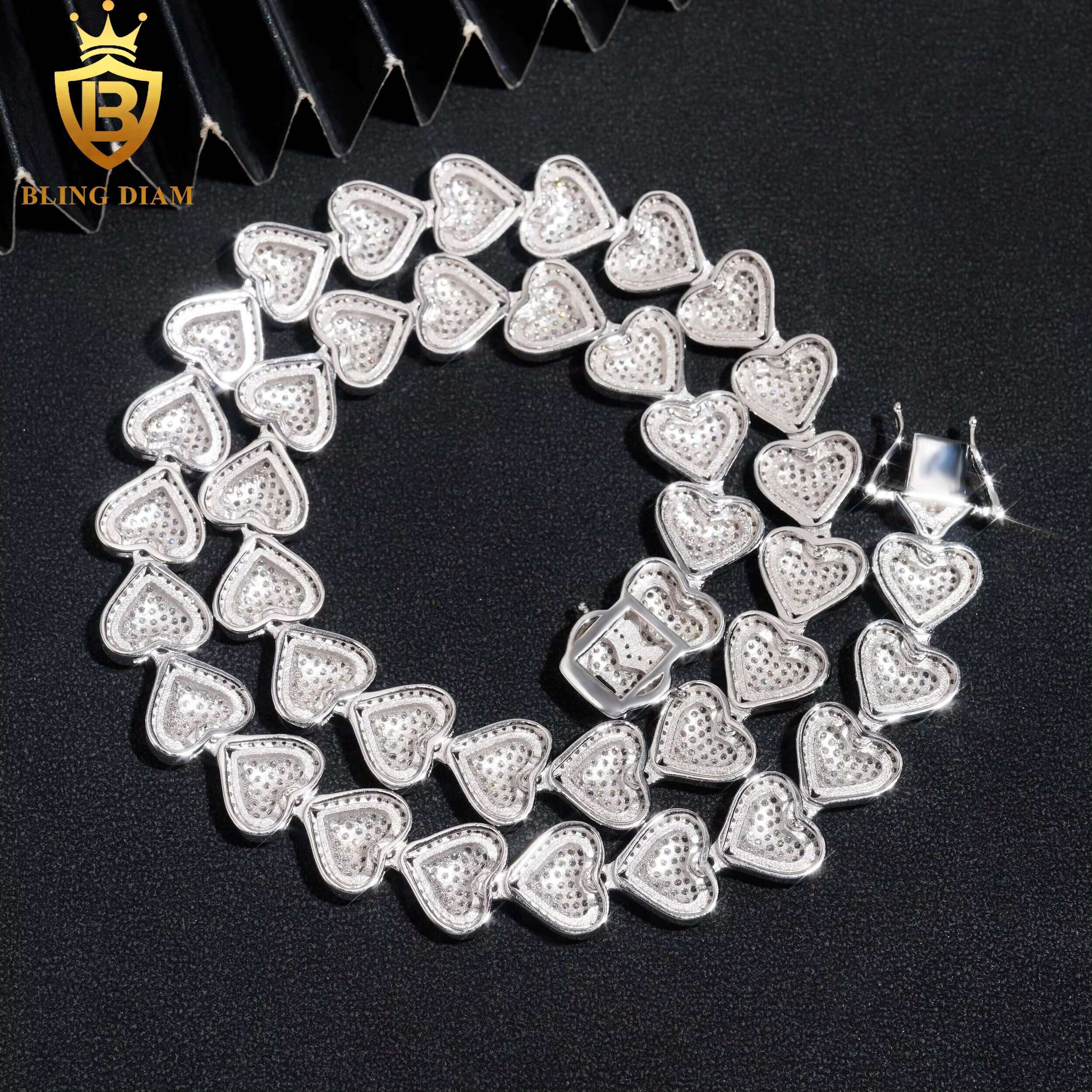 13mm New Fashion Jewelry Heart Shape 925 Silver Cuban Link Chain Cuban Moissanite Diamond Bracelet Necklace