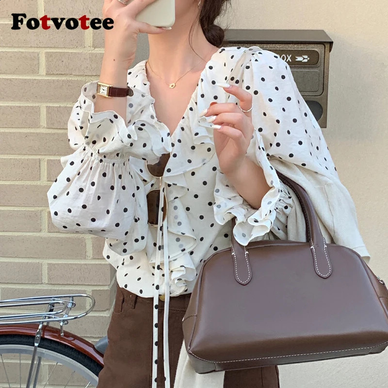 FOTVOTEE Dot Shirts for Women Ruffled V-Neck Long Sleeve Chic Blouses Spring Summer 2025 Fashion Female Comfortable Shirts 250421