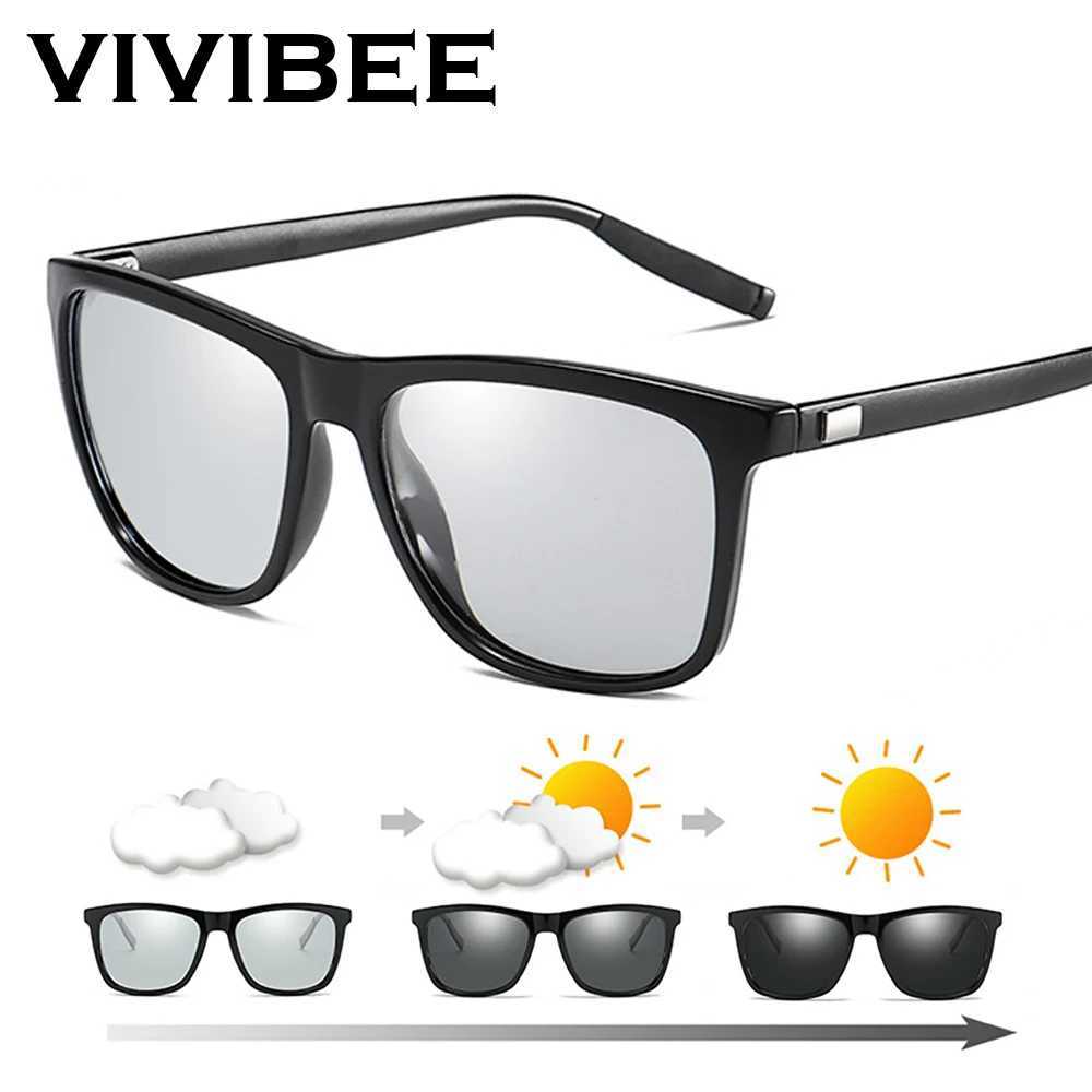 VIVIBEE Color Change Gray Frame Optoelectronic Polarization Sunglasses Mens Square Classic Color Change Glasses Transition Lens Glasses Z250422